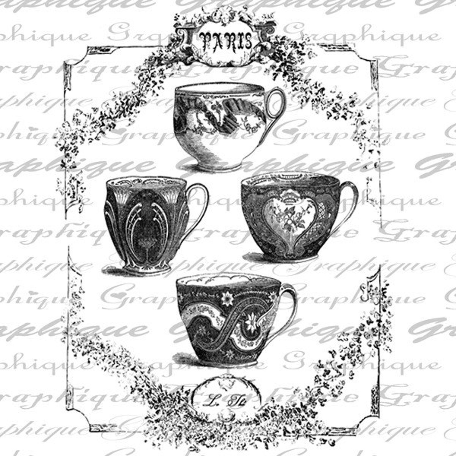 French Tea Cups Paris Words Digital Image Download Transfer to Etsy