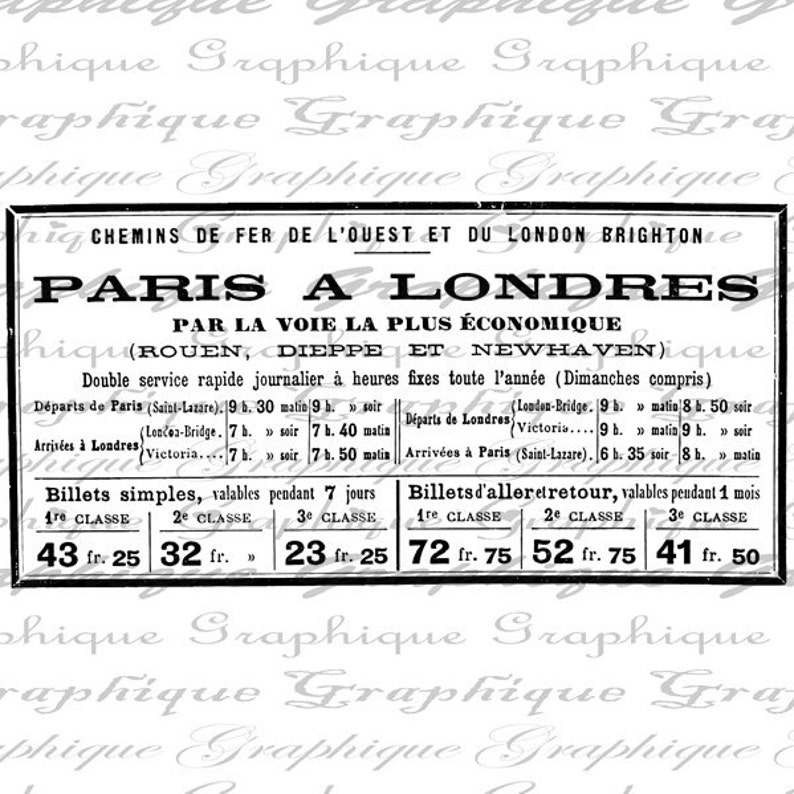 French RAILROAD Ticket Prices PARIS to LONDON Digital Collage Etsy