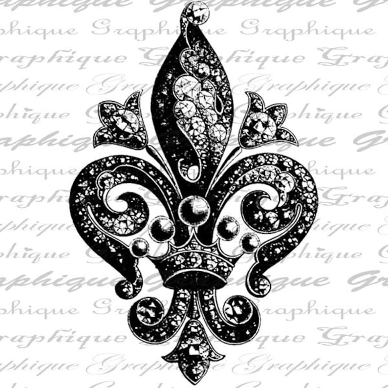 2552 Fleur de Lis Ornate Intricate Design French Jewels Crown Digital Image Download Sheet Transfer To Pillows Tote Tea Towels Burlap No