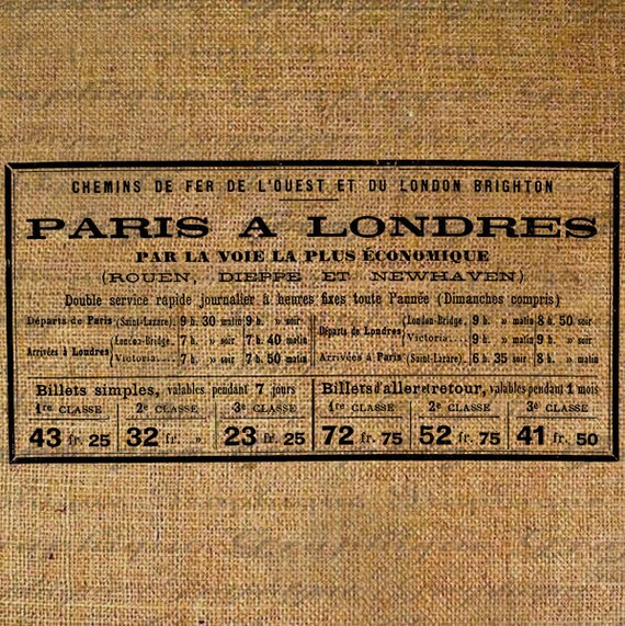 French Railroad Ticket Prices Paris To London Digital Collage Sheet Download Burlap Fabric Transfer Iron On Pillows Totes Tea Towels No 3705