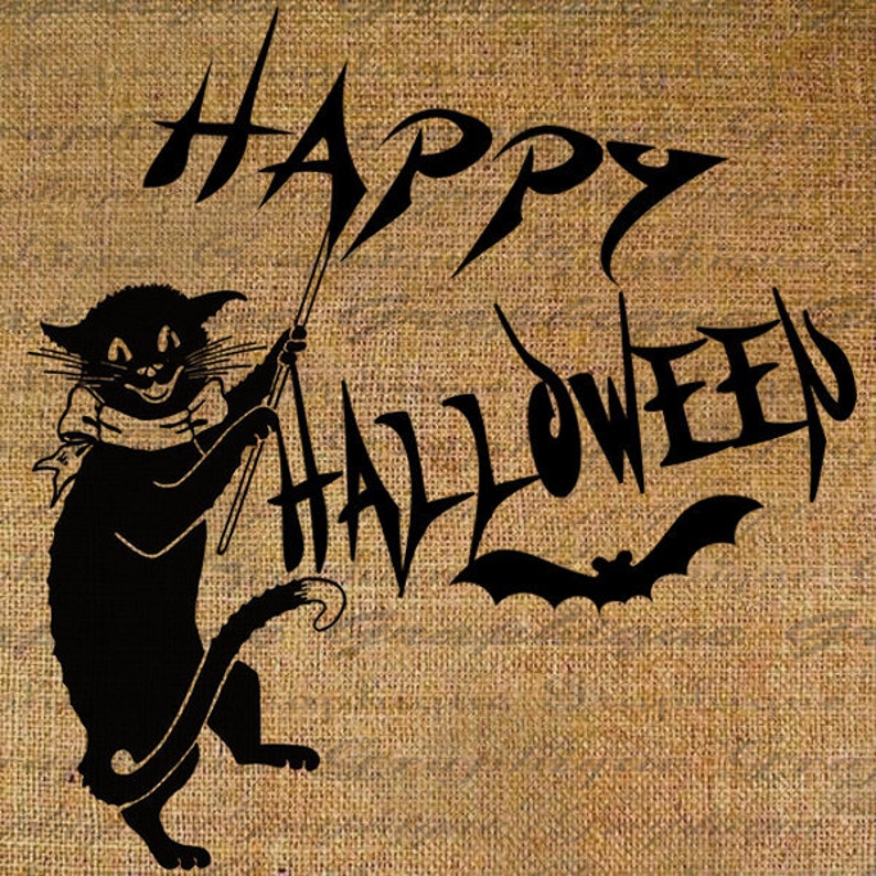 Black Cat Happy Halloween Bat Quote Feline Holiday Digital Etsy