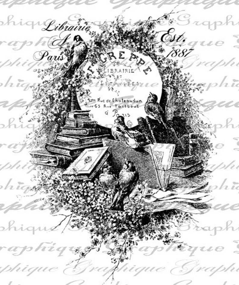 Paris Birds Flowers French Text Script Digital Image Download Sheet Transfer To Pillows Totes Tea Towels Burlap No 1738