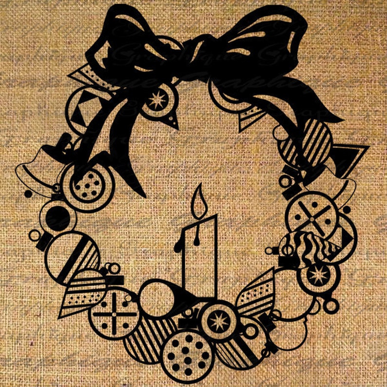 3081 CHRISTMAS Digital Collage Sheet Download Burlap Fabric Transfer ORNAMENT WREATH w Bow Iron On Pillows Totes Tea Towels No