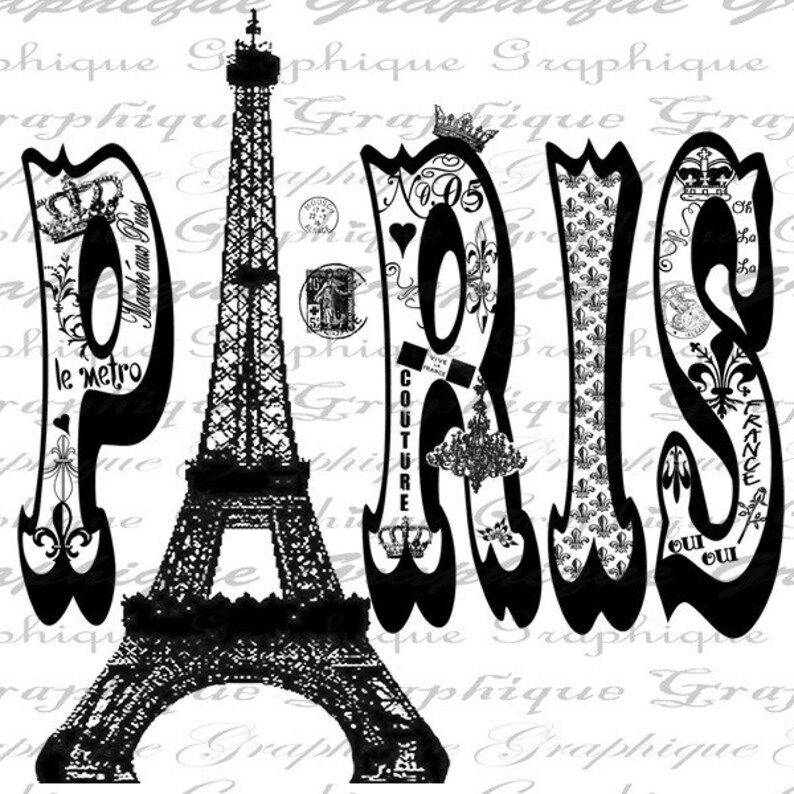 Paris Word Eiffel Tower French Text Fleur De Lis Digital Image Etsy