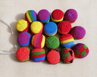 Crochet Hacky Sack Footbag Set, Handmade Juggling Balls, Guatemalan Foot Bag Knit Kick Ball, Kids Sensory Toy, ADHD Stress Relief Fidget Toy
