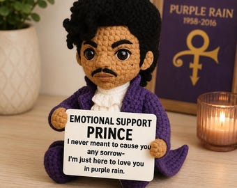 Emotional Support Prince Crochet Doll, Purple Rain Inspired Amigurumi Plush, Handmade Music Legend Gift, Funny Support Doll
