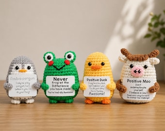 Positive Crochet Animal Plush, Emotional Support Penguin Turtle Cat Frog Duck Cow Beer Egg Taco Sunflower, Cute Motivational Desk Buddy Gift