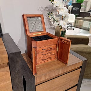 Handmade Cherry & Walnut Jewelry Box: Brass Hardware, Walnut Accents, Suede Interior