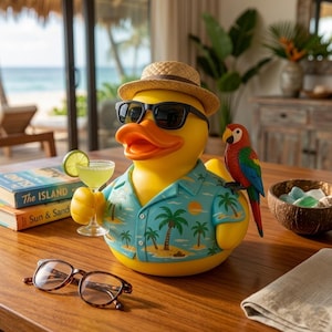 May include: A large yellow rubber duck wearing sunglasses, a straw hat, and a Hawaiian shirt, holding a cocktail with a lime wedge. A colorful parrot sits on its shoulder. Tortoiseshell glasses and books are on the table.