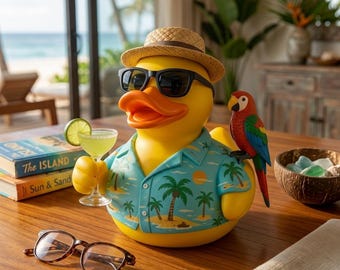 Tropical Duck Figurine, Sunglasses, Cocktail, Hawaiian Shirt Desk Decor