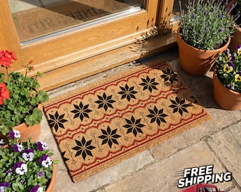 Christmas Snowflake Doormat, Nordic Holiday Welcome Mat, Winter Front Door Coir Rug, Scandinavian Christmas Decor, Outdoor Doormat