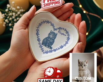 Custom Dog Cat Jewelry Dish, Toile De Jouy Pet Ring Dish , Personalized Pet Portrait Ceramic Christmas , Pet Mom Photo Gift, Pet Lover Gift