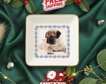 Custom Dog Cat Jewelry Dish, Toile De Jouy Pet Ring Dish , Personalized Pet Portrait Ceramic Christmas , Pet Mom Photo Gift, Pet Lover Gift