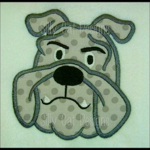 May include: A gray and white bulldog with a black nose and gray eyes. The bulldog is outlined in a dark gray color and has a polka dot pattern.