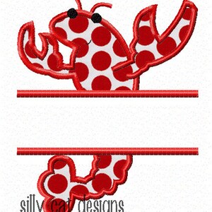 May include: Red and white polka dot lobster with a red outline. The lobster is holding its claws up in the air. The image is for a personalized embroidery design.