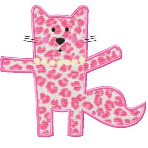 May include: A pink and white embroidered cat with a leopard print pattern. The cat has a yellow beaded necklace, black whiskers, and pink cheeks. The cat's arms are outstretched, and its tail is curved.