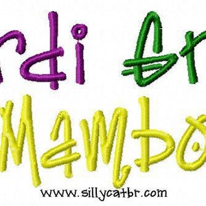 May include: Mardi Gras Mambo text with purple, green, and yellow dots.