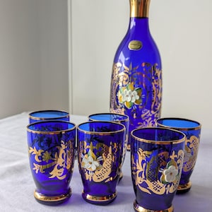 Hand Painted Bohemia Carafe Set: Antique Czech Glass with Gold, homedecor, glass, bottle, collection