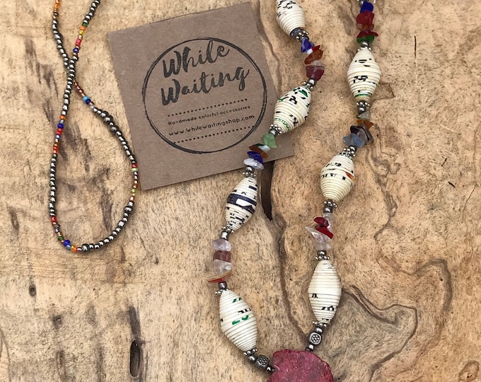 White and red jasper stone necklace- multicolored / silver/ paperbead necklace/ pendant necklace/ hippie necklace