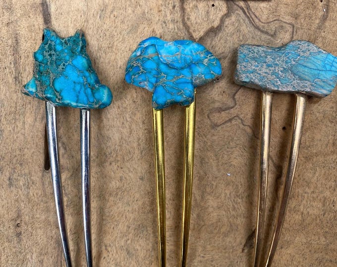 Turquoise green Stone hair fork/ green hair pin/ blue hair fork/ hair accessory/ raw stone hair fork/ boho hair clip/ hair fork/ aqua