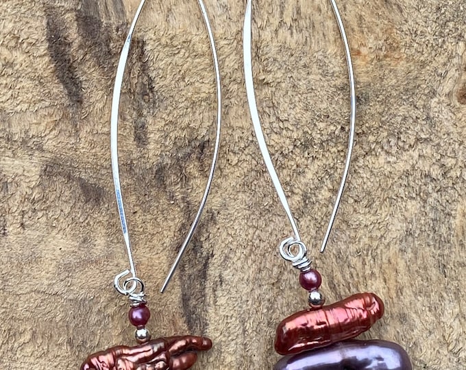 Burnt Orange/Purple keshi Pearl modern threader earrings/ sterling silver threader earrings/ dyed Pearl