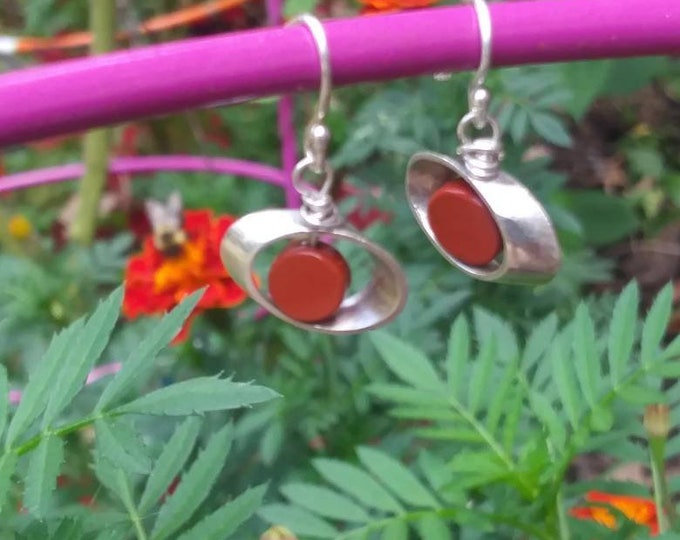 Oval jasper earrings/ petite sterling silver earrings/ rust red jasper/ minimalistic earrings