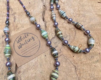 Handmade Paperbead Necklace: Purple Swarovski Pearls, Haitian Paper Beads