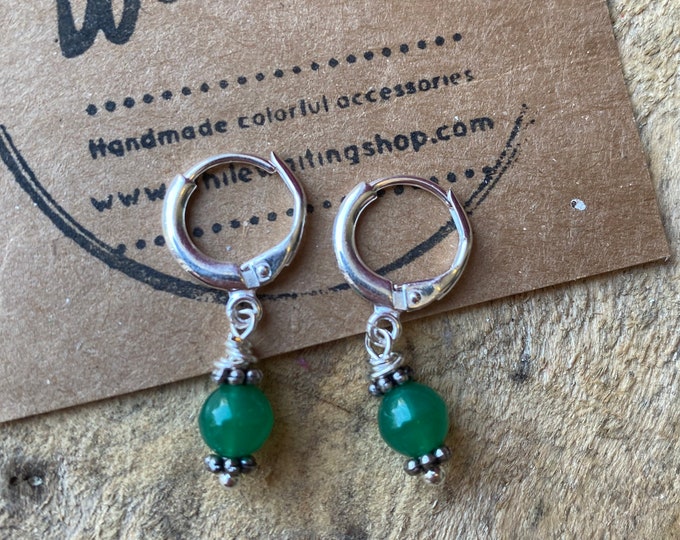 Small emerald green stone hoop earrings / silver hoop earrings / green semi precious stone earrings