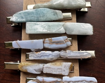 Aquamarine and Blue Lace Agate Stone Hair Clip: 3 inch Boho Alligator Clip