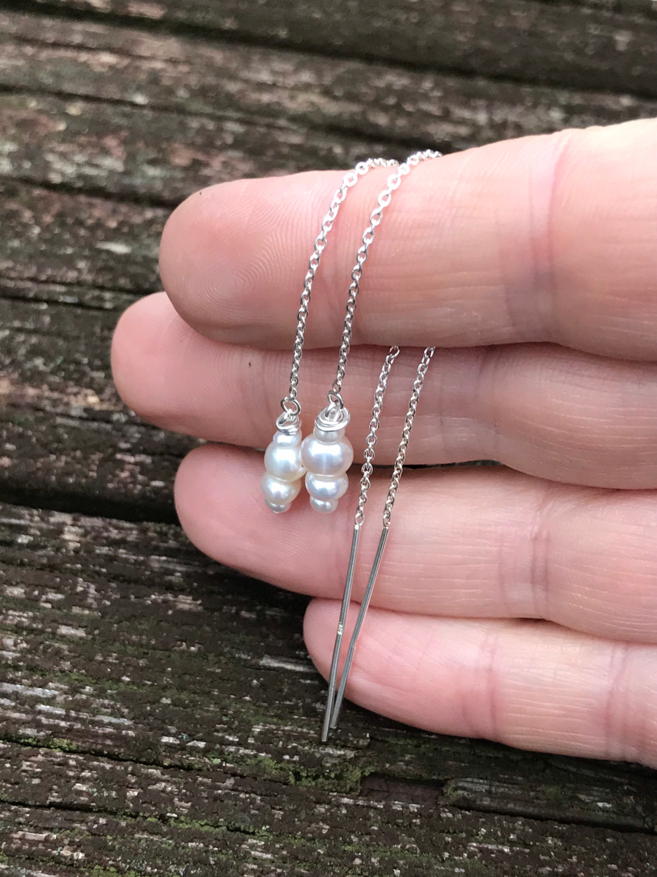 Petite stacked pearl threader earrings/ sterling silver threader pearls