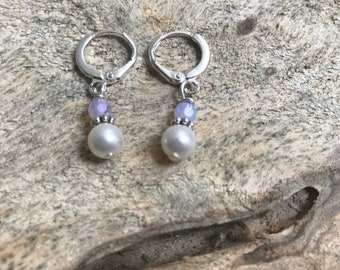 Pearl hoop earrings/silver pearl hoops/pearl earrings/silver plated hoops