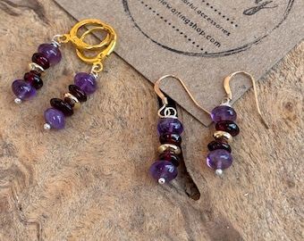 Dangle Amethyst Garnet Gold Filled Earrings: January/ February Birthstone