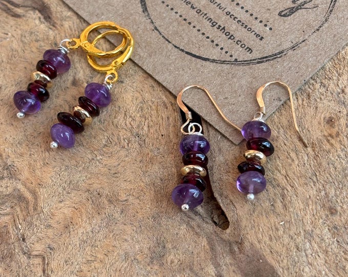 Dangle Amethyst Garnet Gold Filled Earrings: January/ February Birthstone