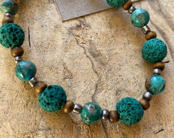 Emerald Green Diffuser stretch bracelet/ turquoise jasper / lava/ glass/ recycled wood/ Unisex / Essential Oils Jewelry