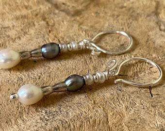 Pearl & sterling silver modern drop earrings/ gray and white pearl earrings