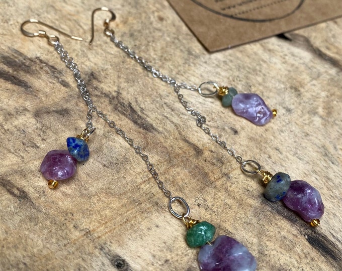 Purple Emerald mixed metal dangle earrings/ sterling silver/ lapis lazuli/ aventurine/ gold