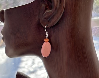 Lightweight Pink disk wood Sterling Silver Dangle Earrings