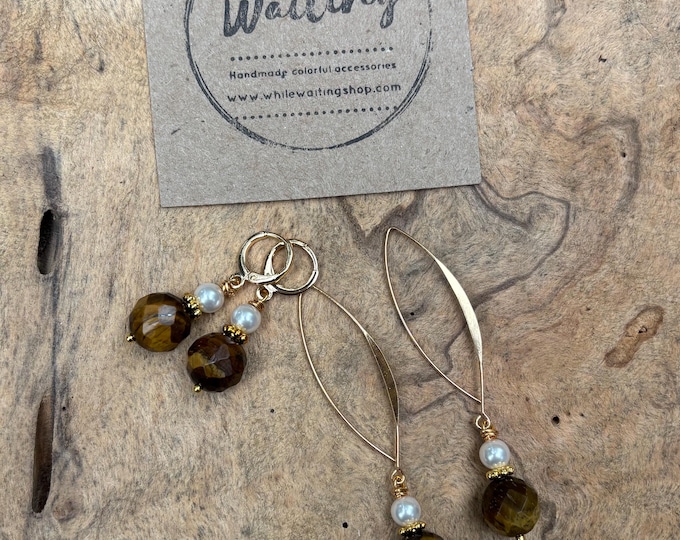 Tigers eye and pearl earrings 18k gold plated
