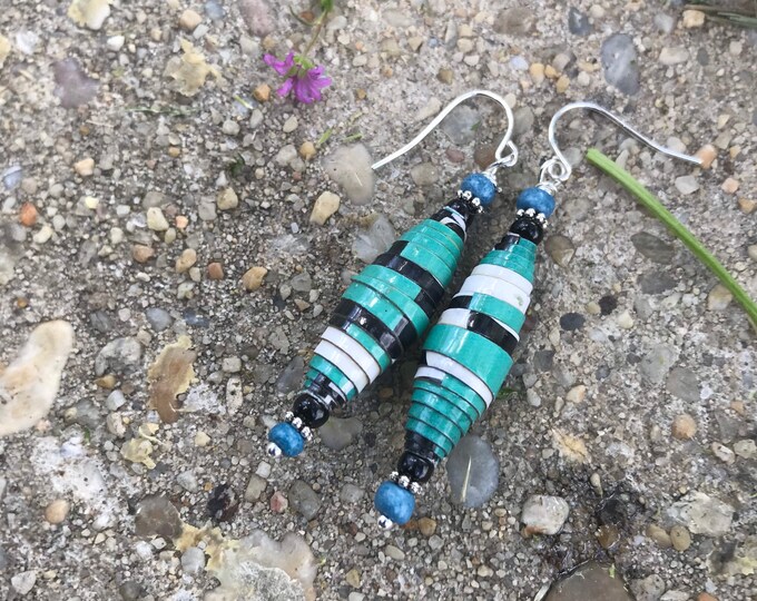 Paperbead earrings/ green blue/ silver earrings / black & white earrings /eco-friendly earrings