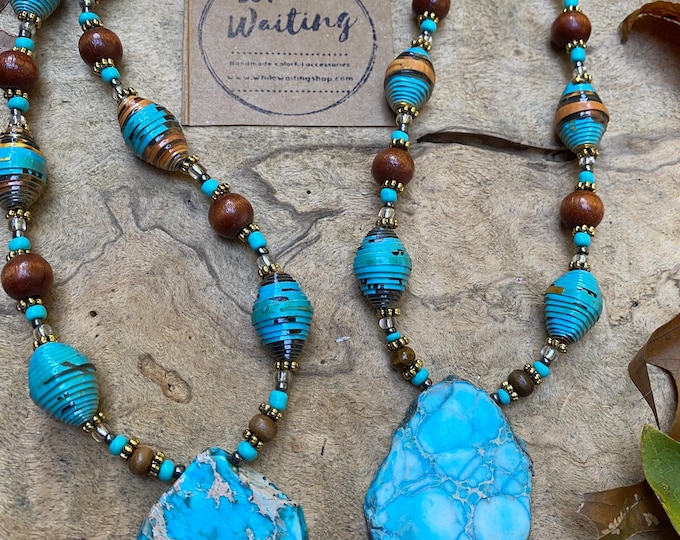 Turquoise Stone Statement Necklace: Handmade Paperbead & Wood Pendant