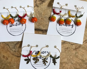 Fall/ autumn wine charms/ candy corn/ pumpkin/ leaves wine charms/ hostess gifts