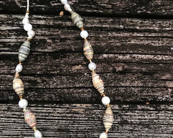 Pearl necklace/  Paper and white pearl beaded necklace- haitian paper and glass- natural accessories