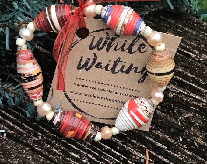 Boho stretch bracelet- freshwater pearl / recycled/ Haitian paperbeads / red/pink/white