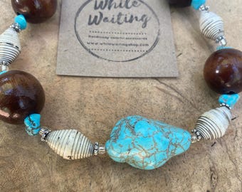 Large Wood Turquoise Statement Necklace- howlite/ silver/ paperbead- fun necklace