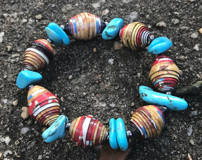 turquoise Paperbead stretch bracelet- multicolored/ recycled/ Haitian paperbeads/ boho turquoise brown and red