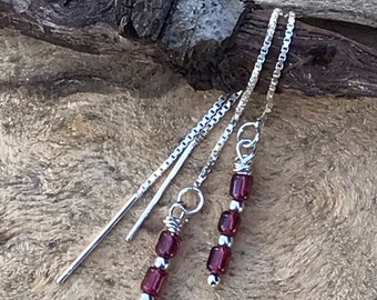 Garnet Threader Earrings: Sterling Silver Dangle Earrings