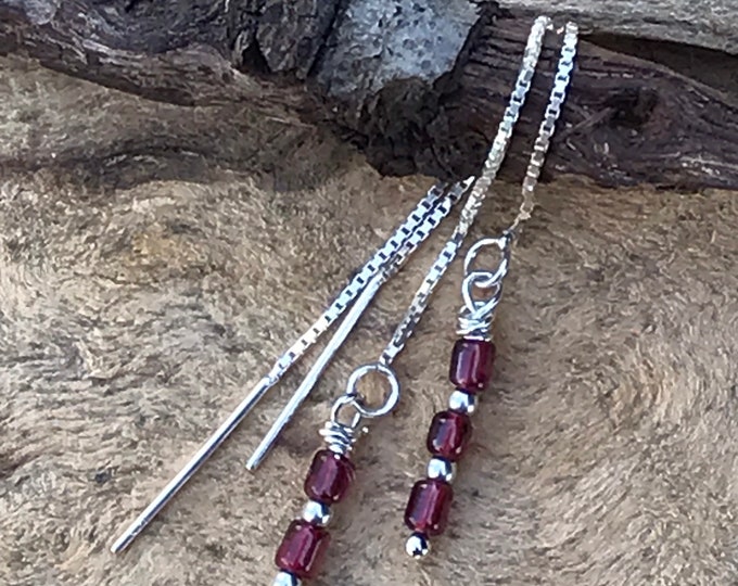 Garnet threader earrings/ minimalist garnet earrings/ sterling silver earrings