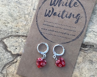 Small red glass heart hoop earrings / silver hoop earrings / heart glass earrings