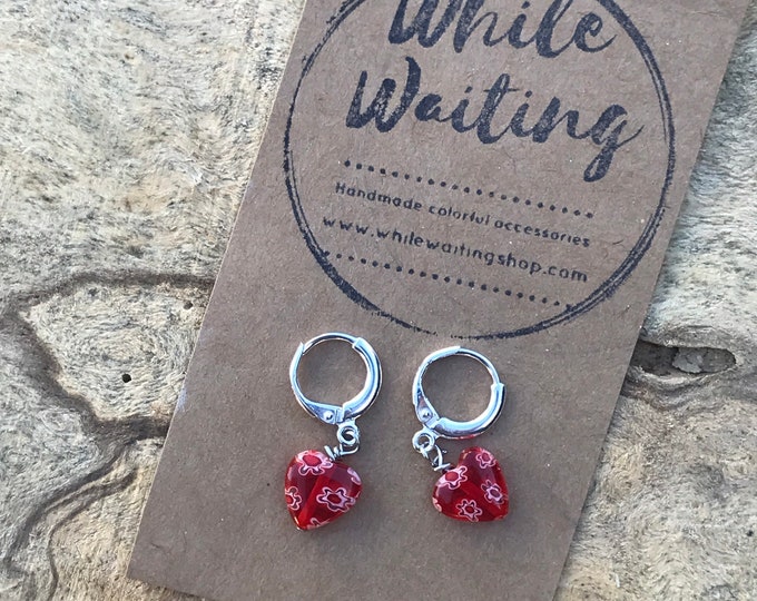 Small red glass heart hoop earrings / silver hoop earrings / heart glass earrings