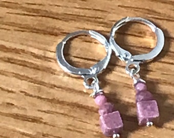 Small pink stone hoop earrings / silver hoop earrings / geometric pink earrings